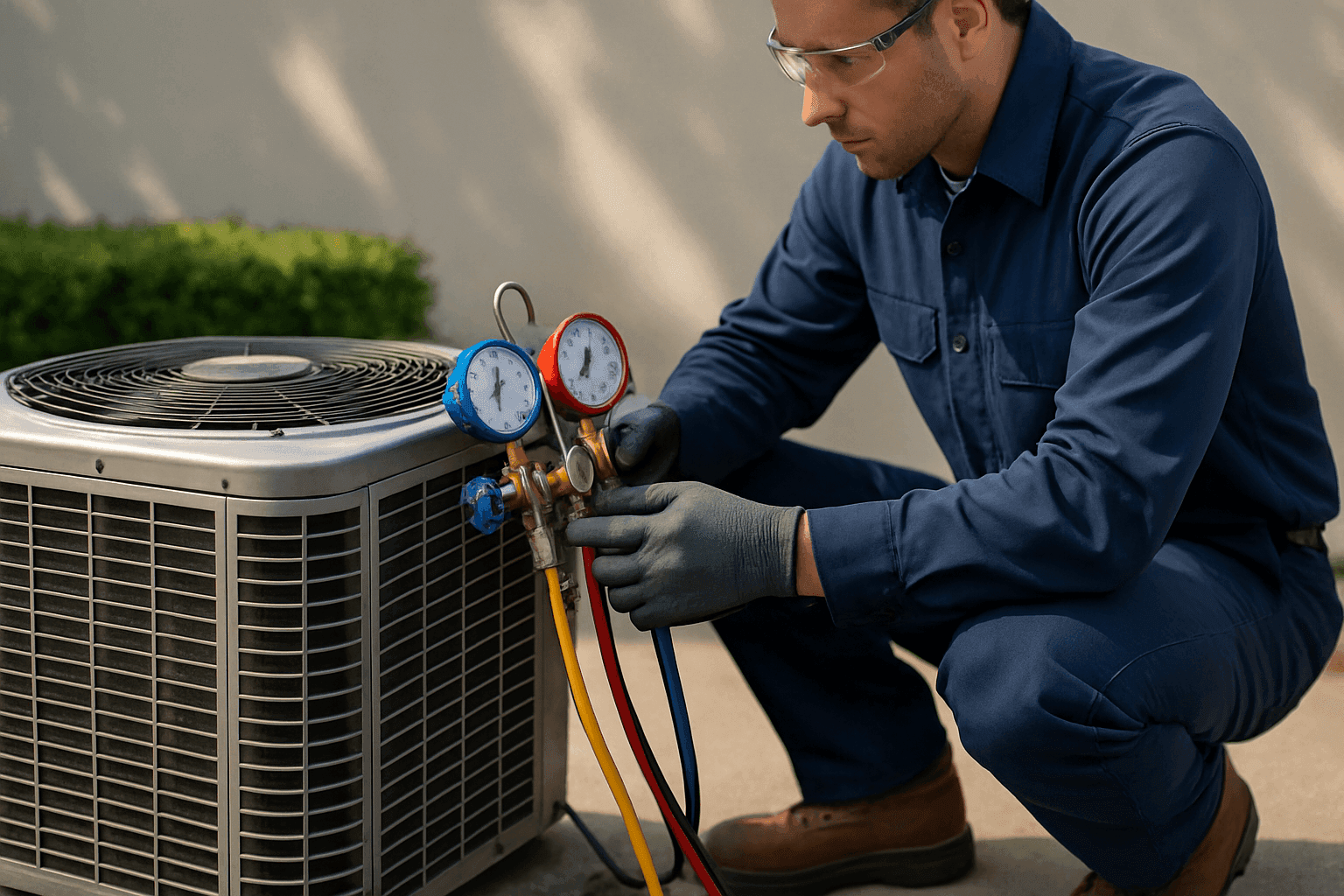 Técnico evaluando una unidad de aire acondicionado antigua para reparación o reemplazo