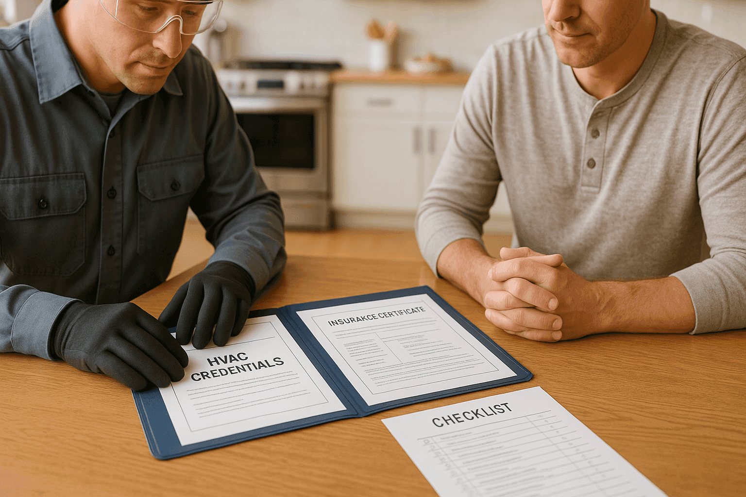 Homeowner discussing HVAC contractor credentials at kitchen table