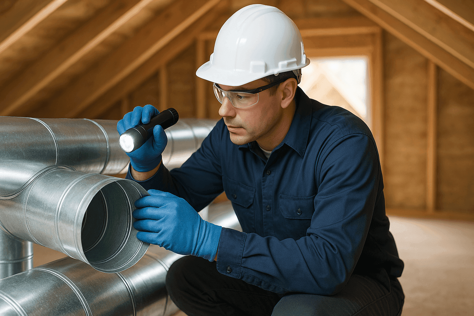 Técnico inspeccionando conductos en el ático de una casa