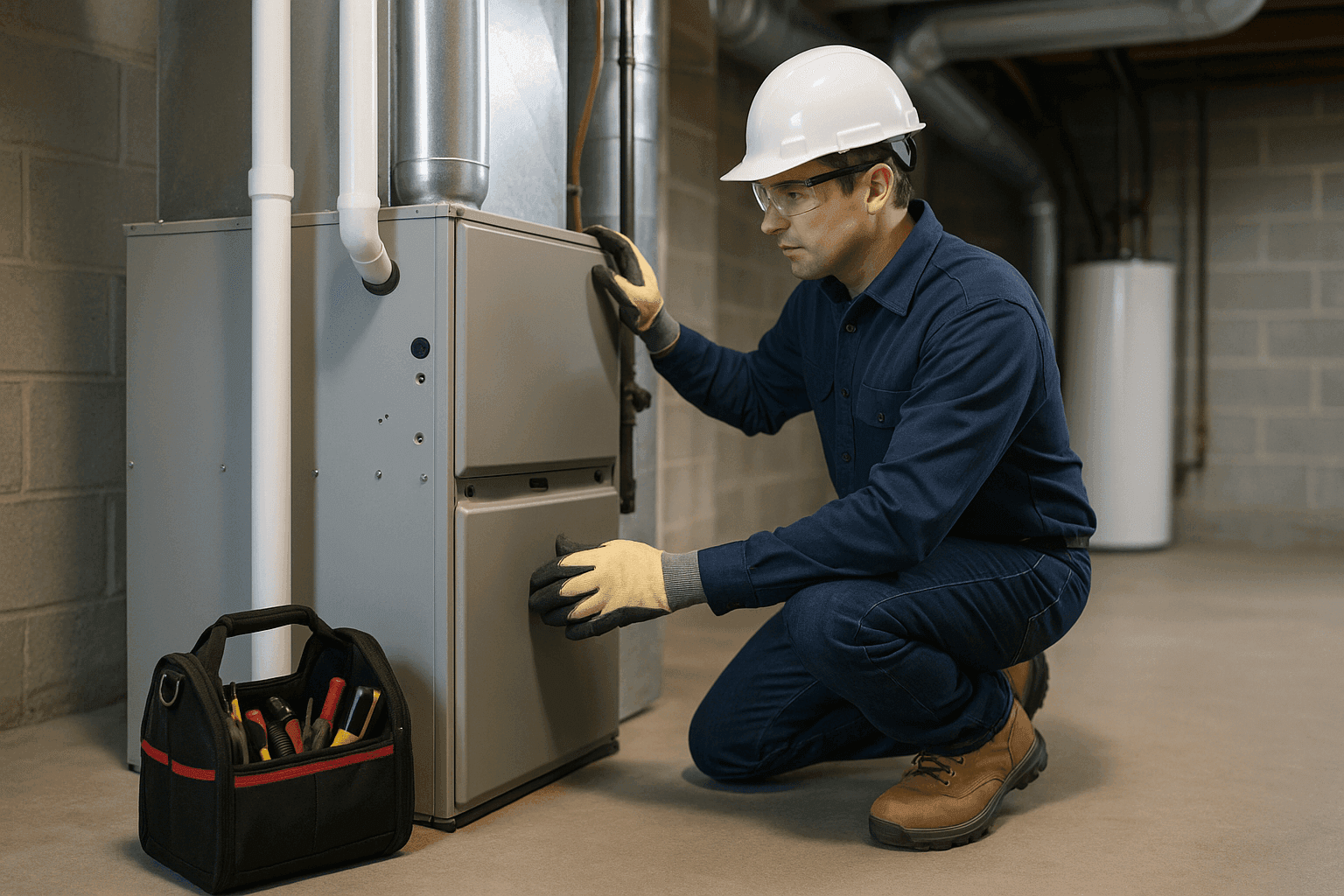 Technician inspecting HVAC system in basement during emergency