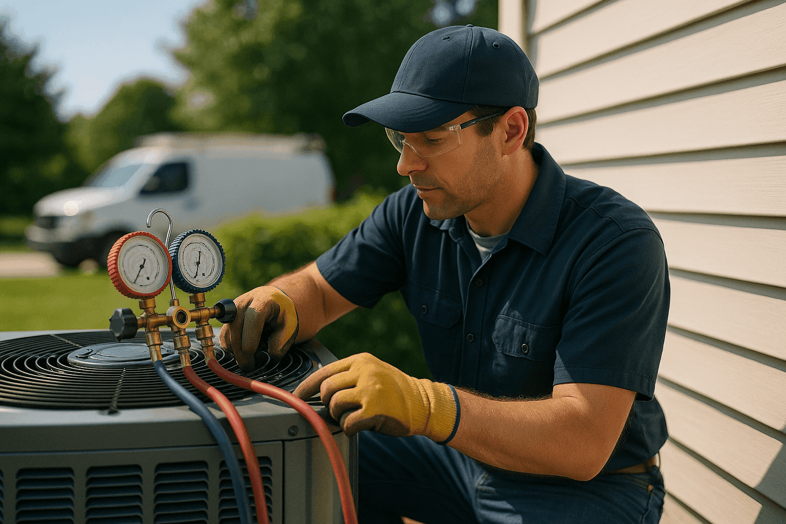 HVAC technician inspecting and maintaining a residential air conditioning unit