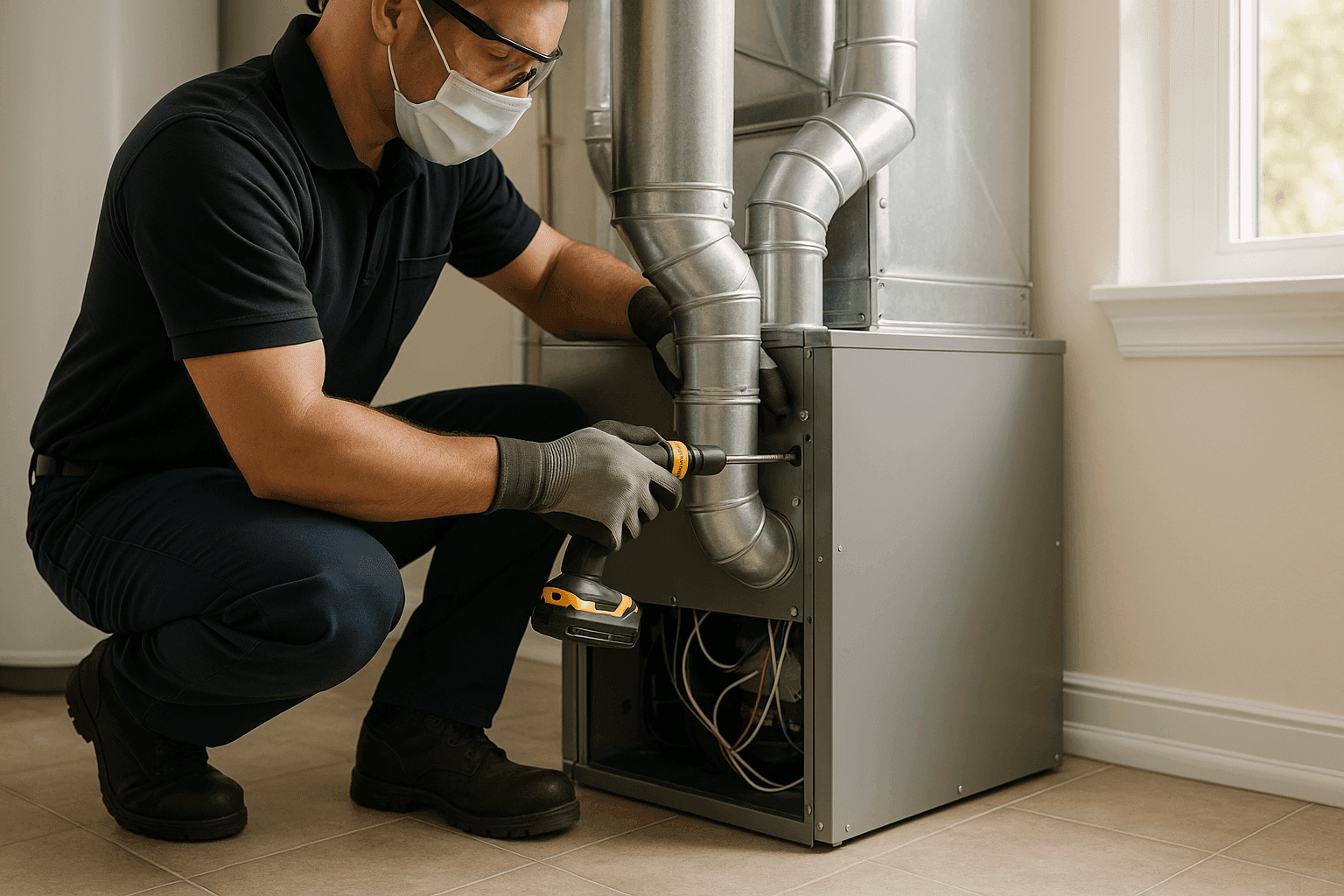 Técnico instalando un nuevo horno en la sala de servicios
