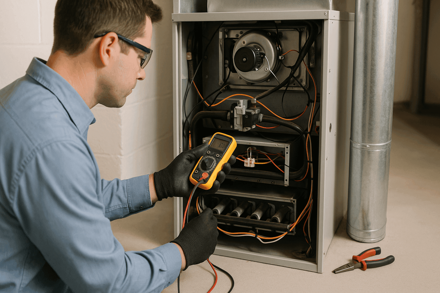 Técnico inspeccionando un horno para reparación en un sótano residencial