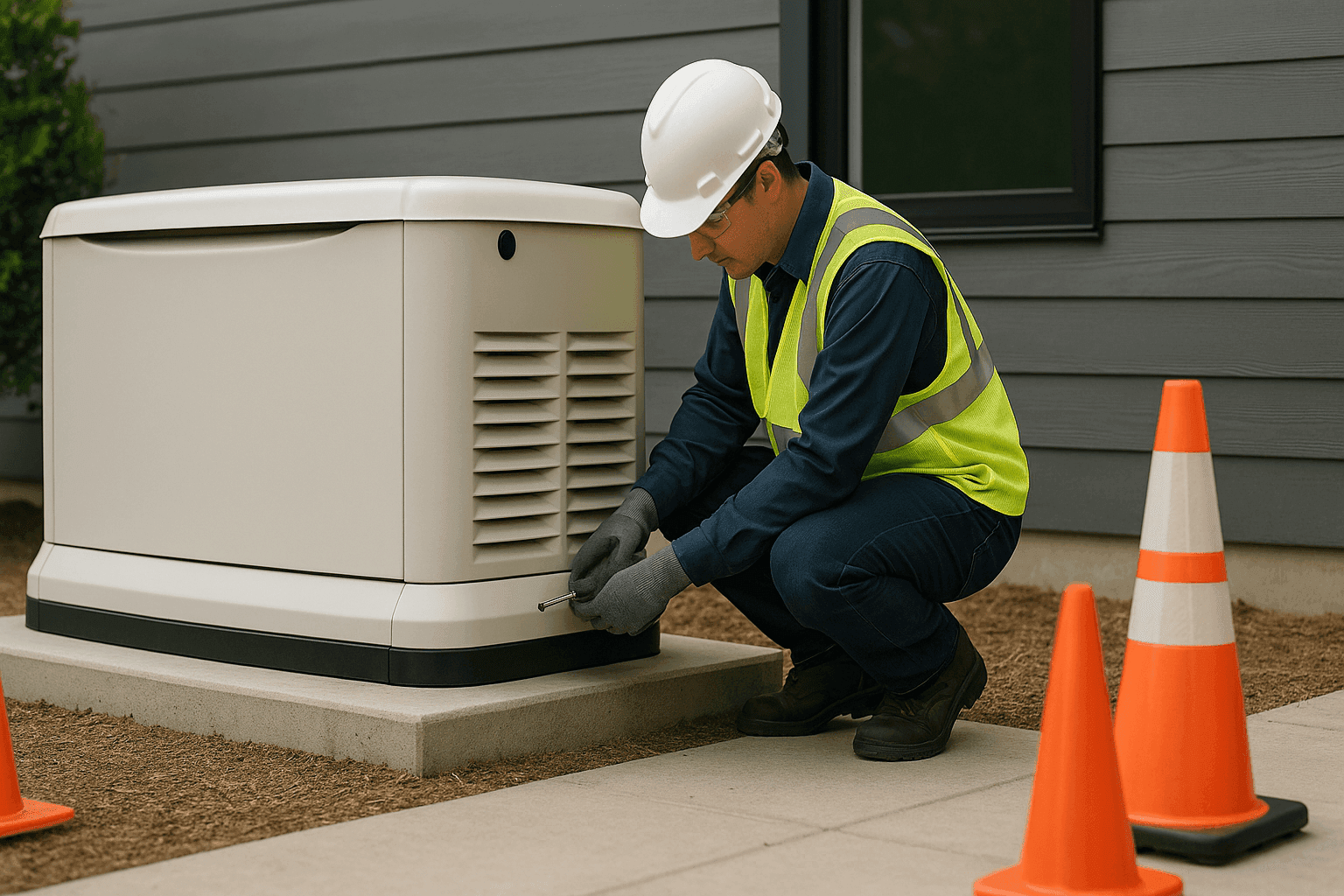 Técnico instalando generador de reserva fuera de una casa