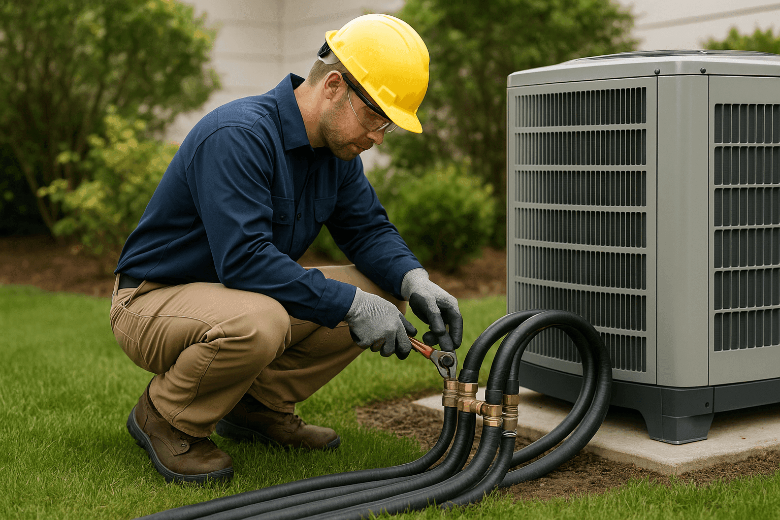 Técnico inspeccionando un sistema HVAC geotérmico al aire libre