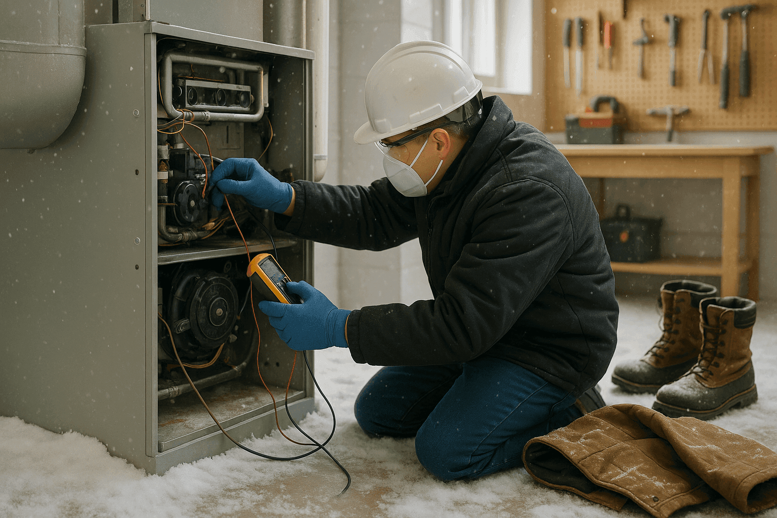 Technician repairing furnace during winter emergency