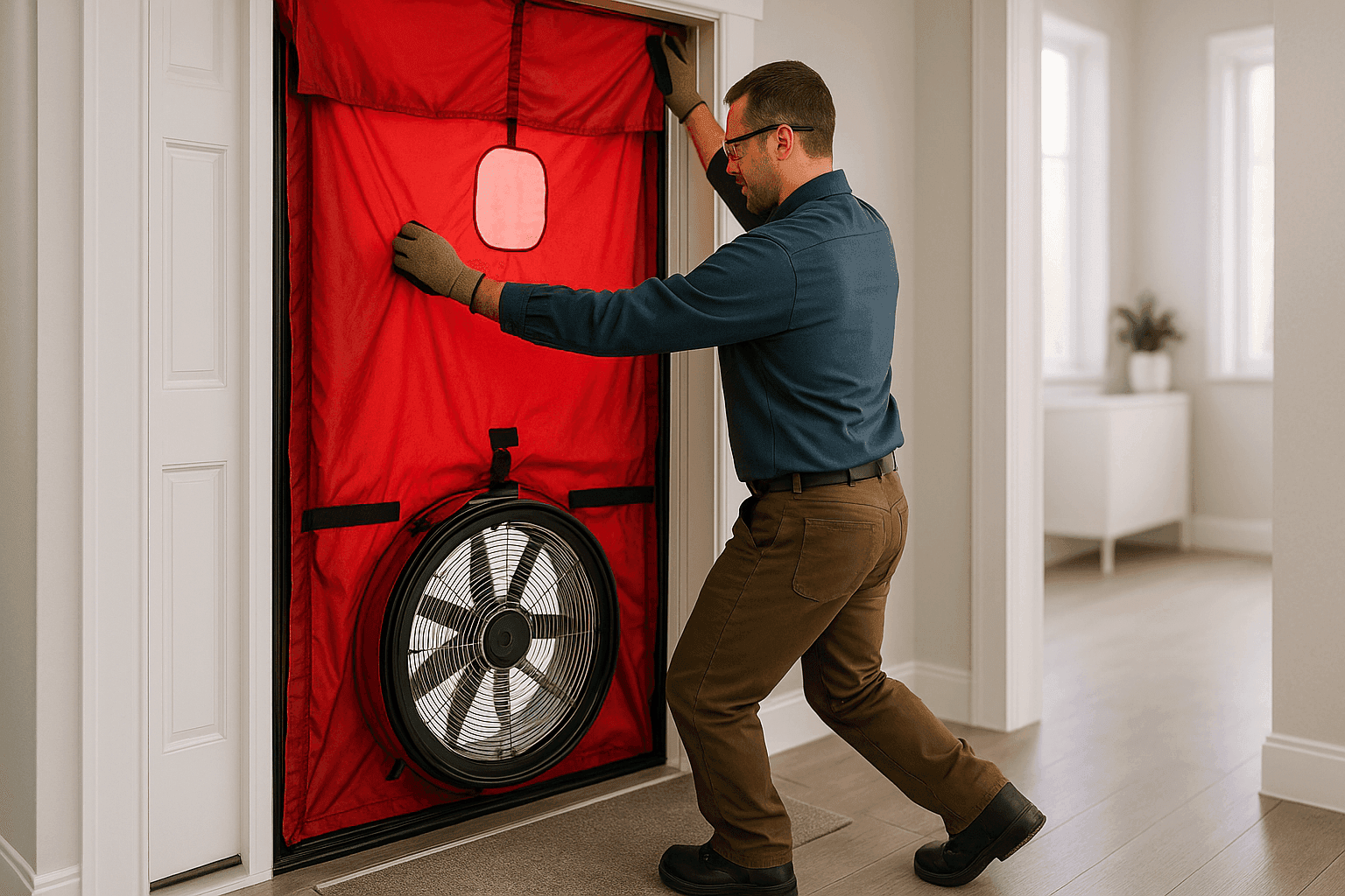 Técnico realizando una auditoría energética con prueba de puerta soplante en el hogar