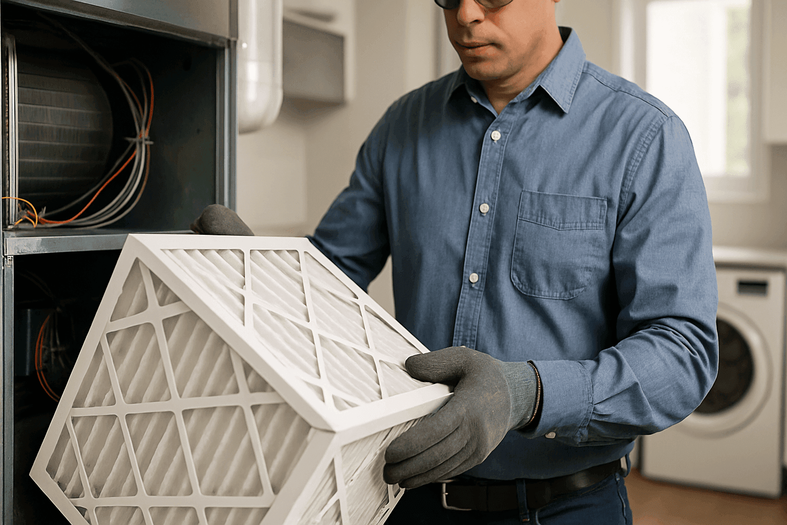 Technician inserting new HVAC filter into residential air handler