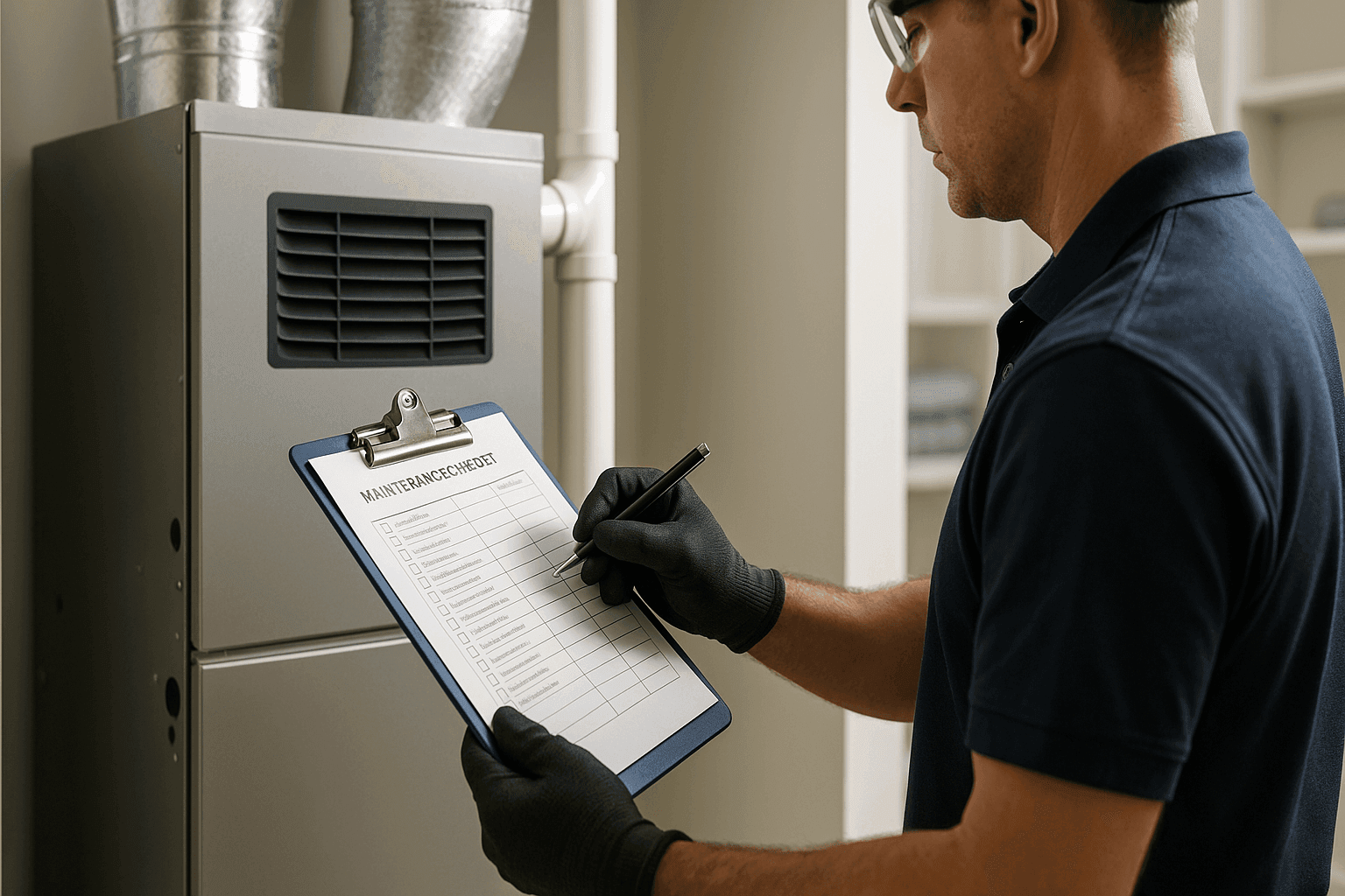 Propietario marcando la lista de mantenimiento HVAC en el cuarto de servicios