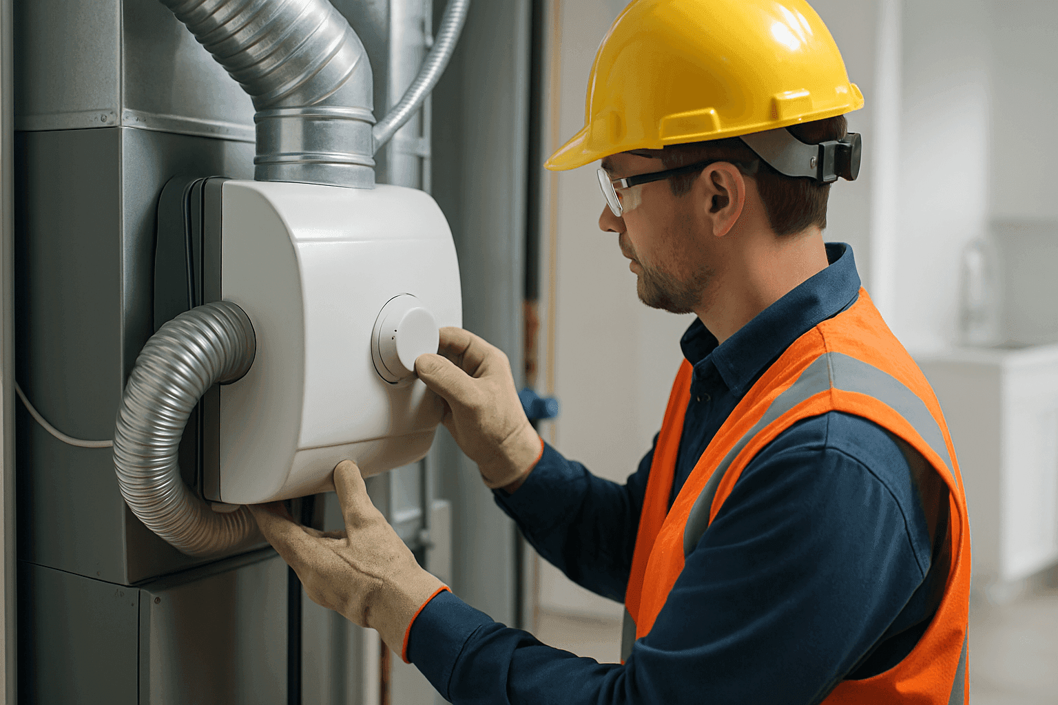 Homeowner setting up whole-home humidifier near HVAC system
