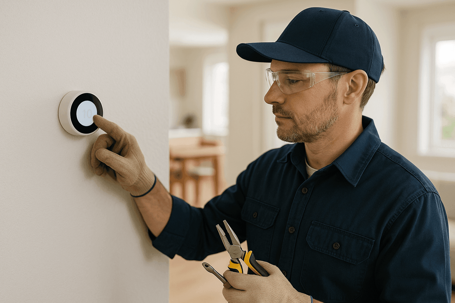 HVAC technician setting thermostat for energy efficiency in home