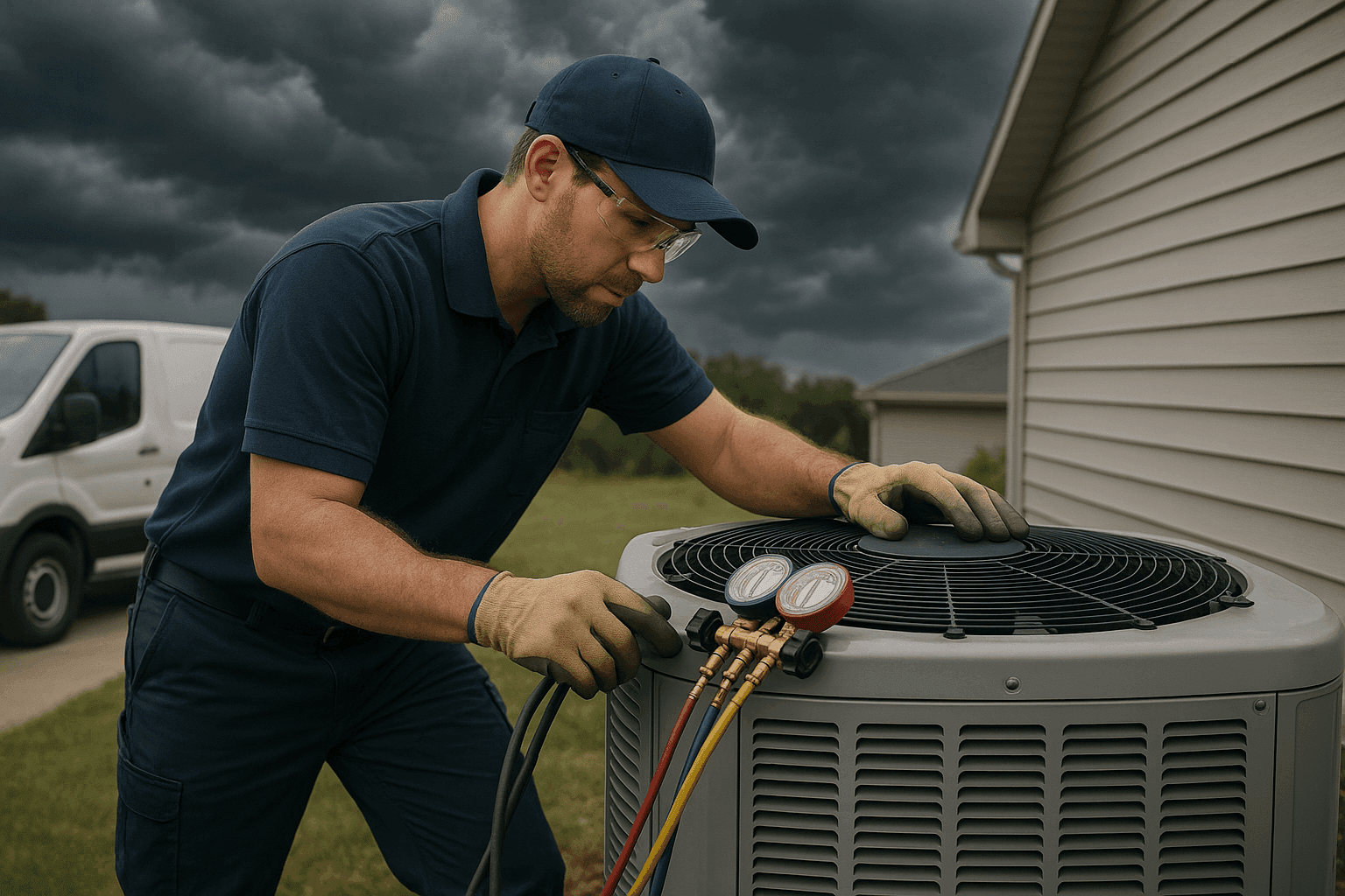 HVAC technician inspecting outdoor air conditioning unit before storm