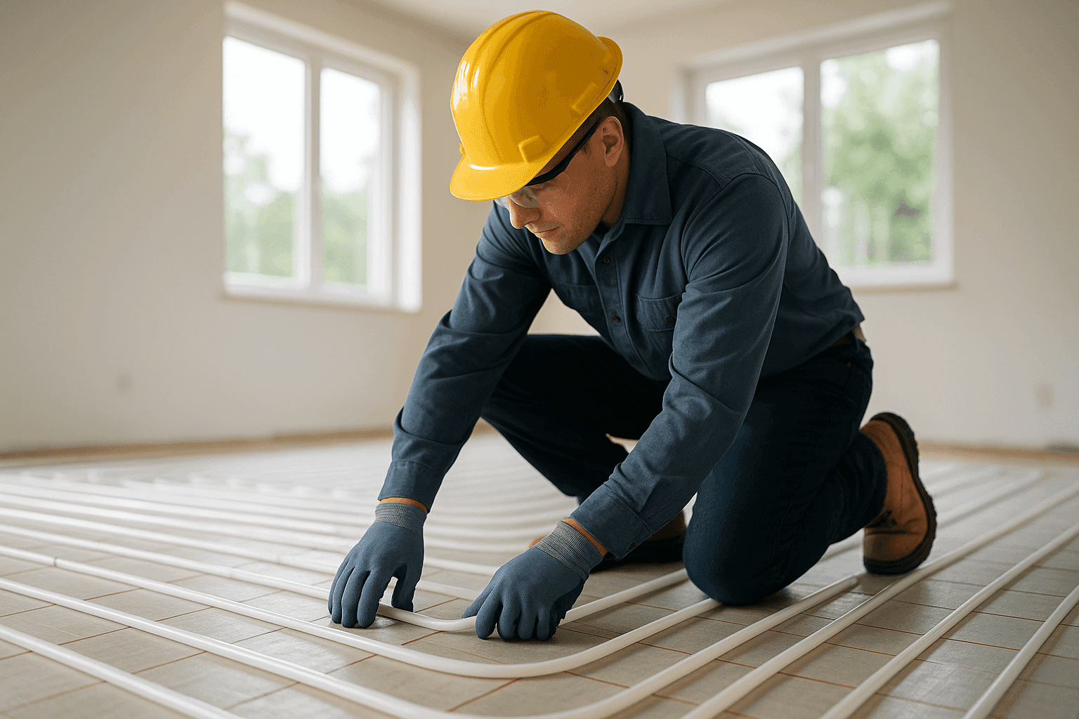 Técnico instalando sistema de calefacción por suelo radiante