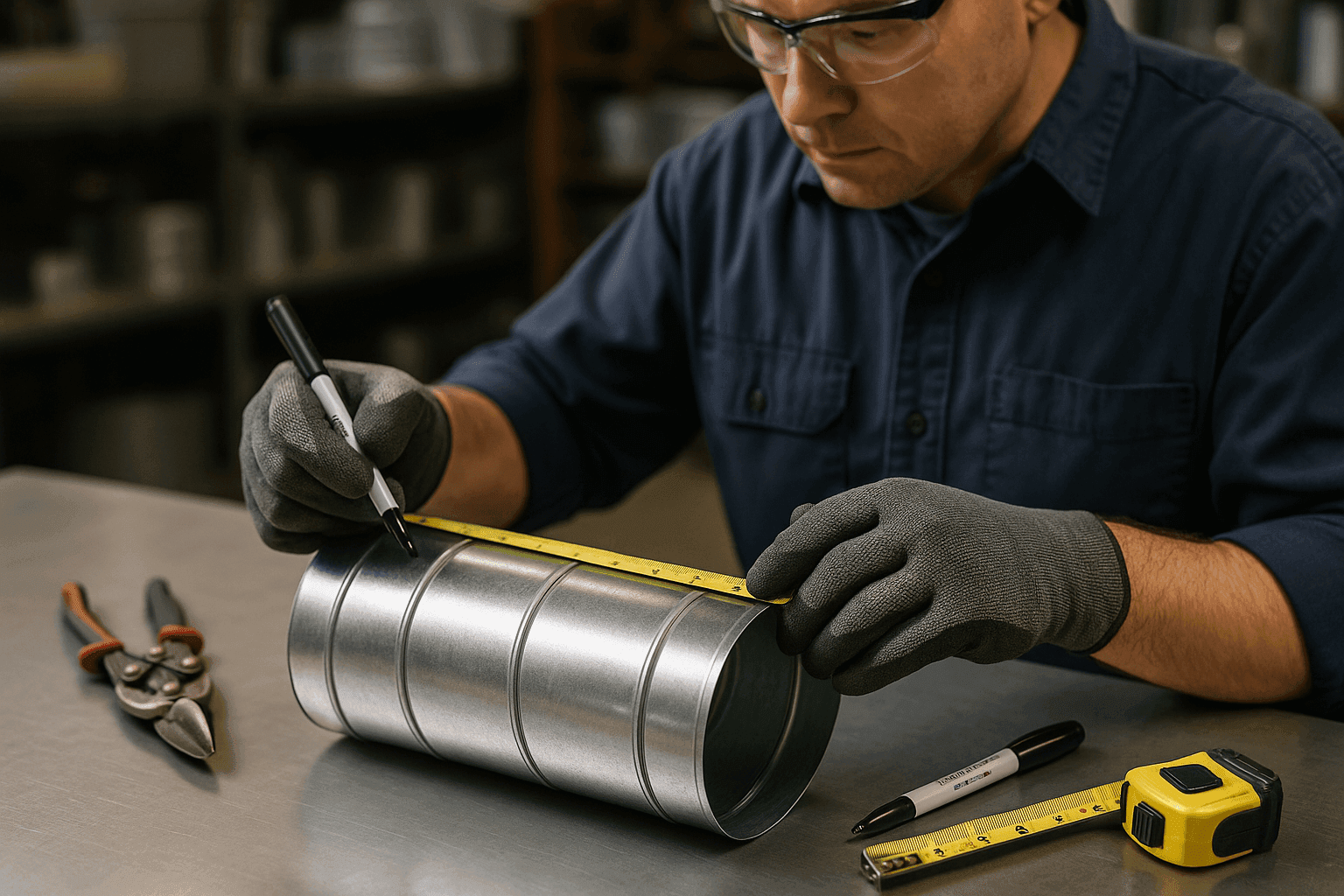 Technician measuring sheet metal ductwork in workshop