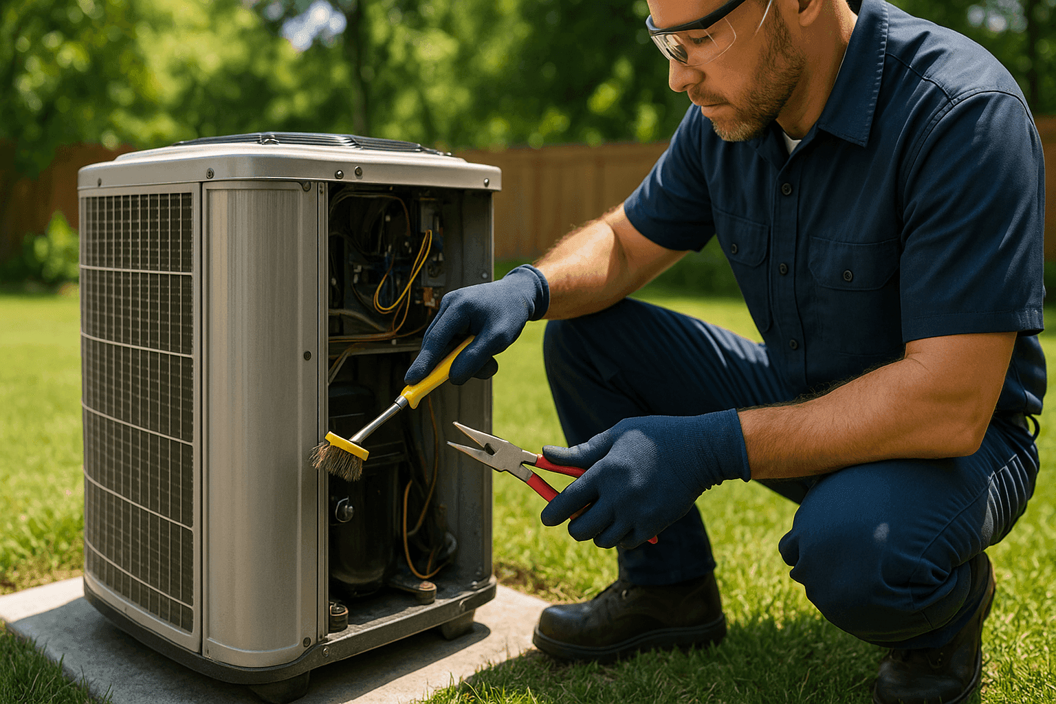 Técnico realizando mantenimiento de primavera en una unidad exterior de aire acondicionado