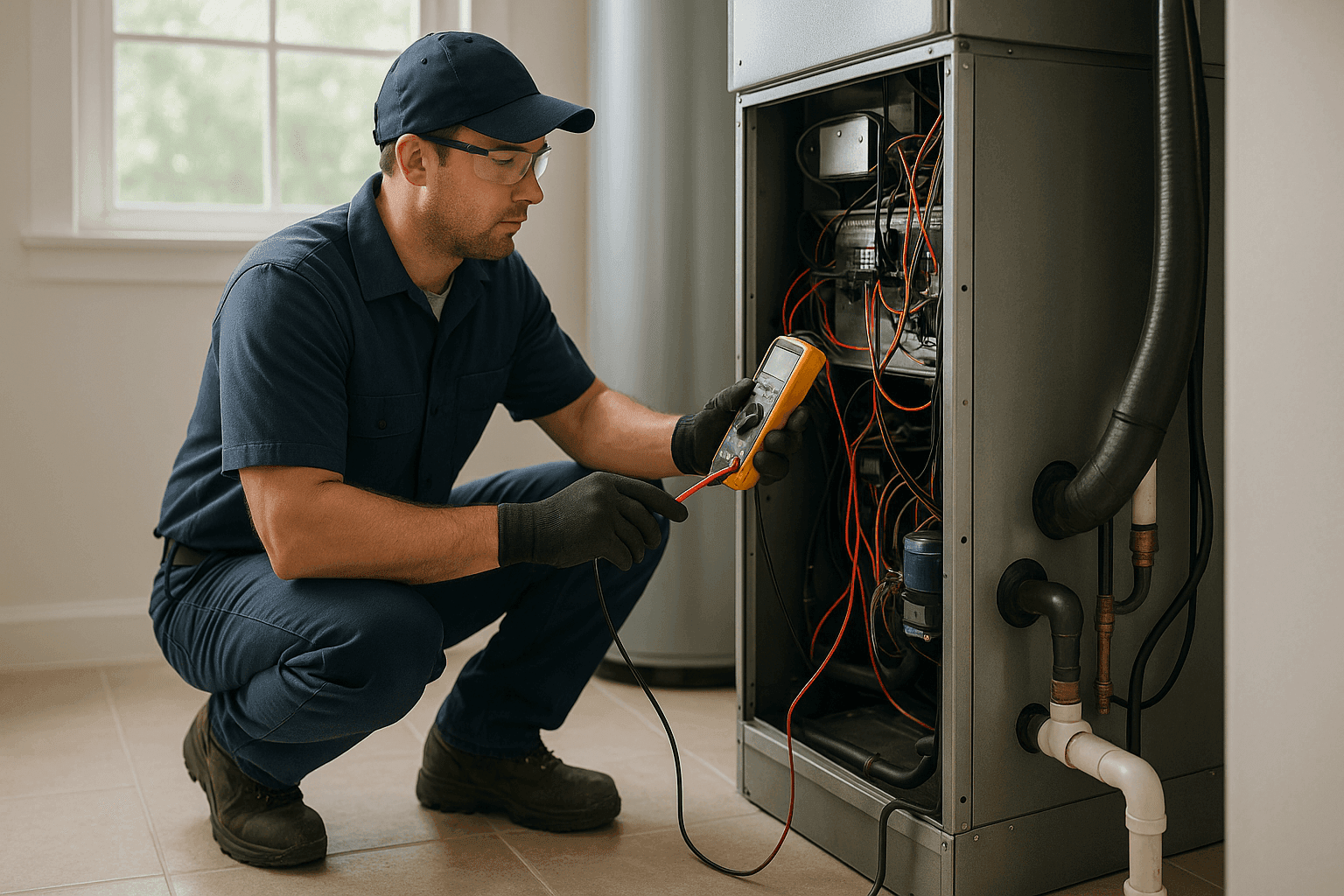Technician checking HVAC system with diagnostic tools