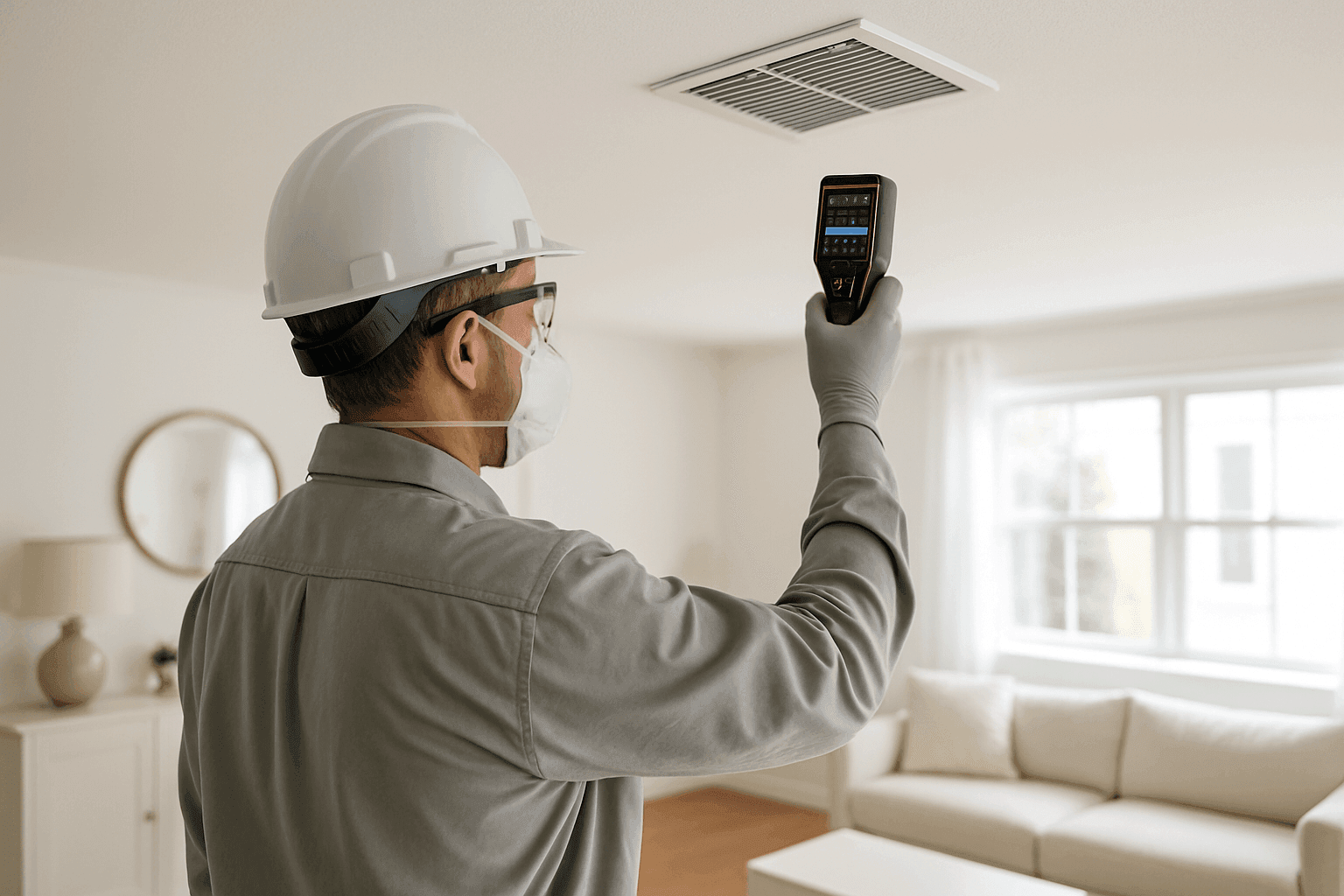 Propietario revisando monitor de calidad del aire interior cerca de la rejilla de HVAC