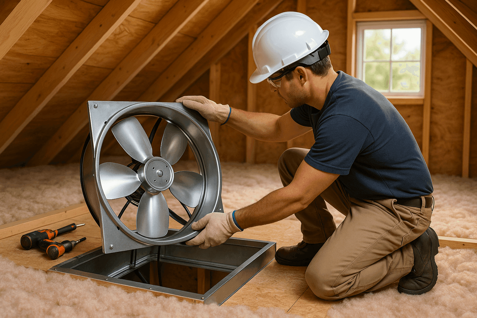 Technician installing whole-house fan in attic
